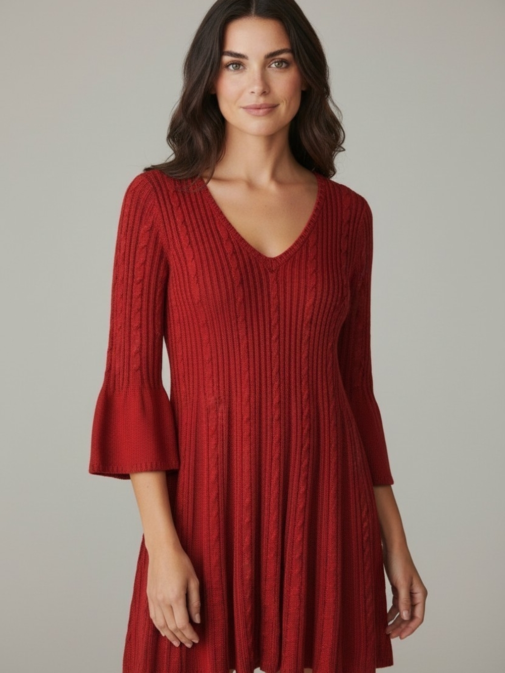 NWT Jessica Howard Red Ribbed Cable Knit VNeck Sweater Dress Flare Sleeve Medium